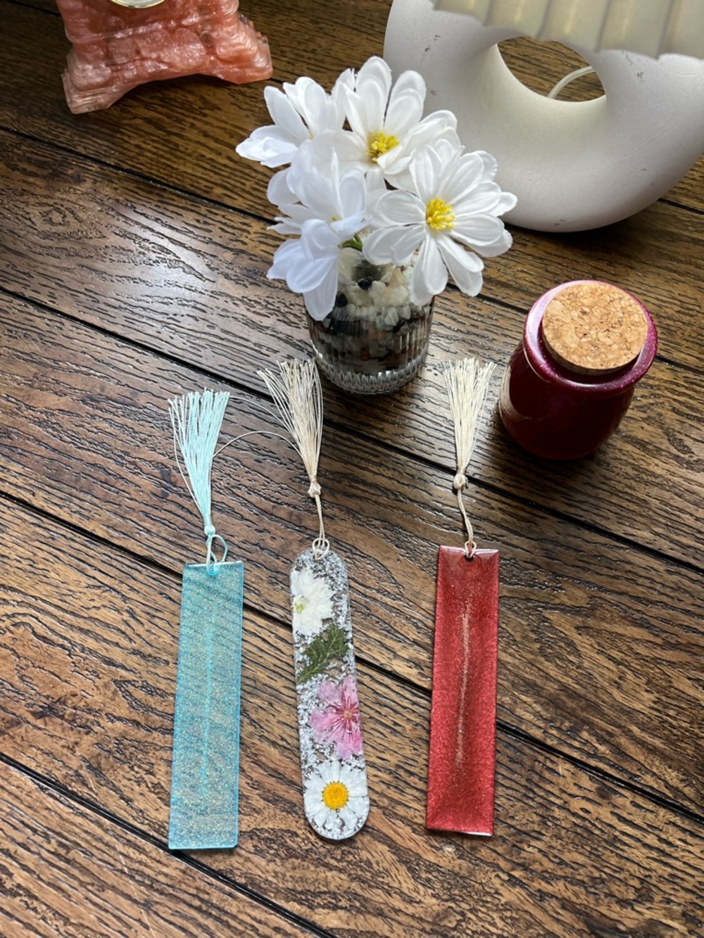 Handmade Resin Bookmark Trio with Tassels - Blue, Floral, Red